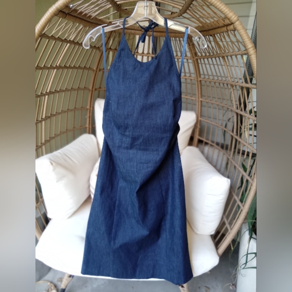VINTAGE Ann Taylor Dark Wash Denim Halter Dress Y2K Sleeveless Backless Midi 8P - Picture 7 of 11